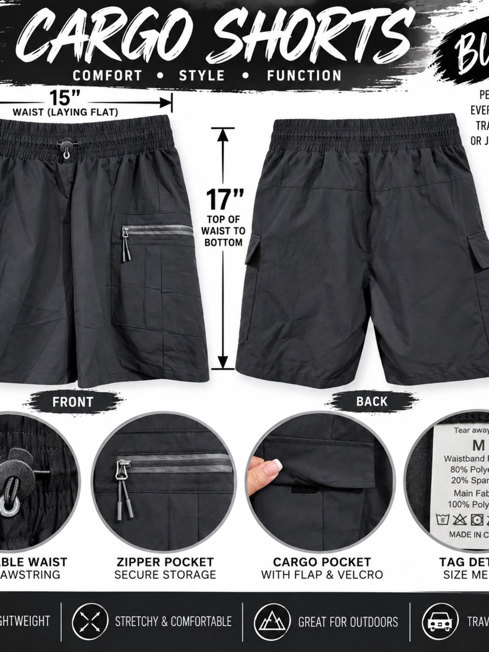 Women’s Black Cargo Shorts with Elastic Waist